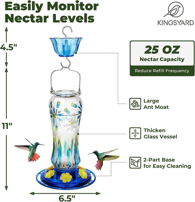 Kingsyard Hummingbird Feeder for Outdoors Hanging, 25 Ounces, Glass Humming Bird Nectar Feeder with Ant Moat & 6 Feeding Ports, Leak Proof, Blue - Image 2